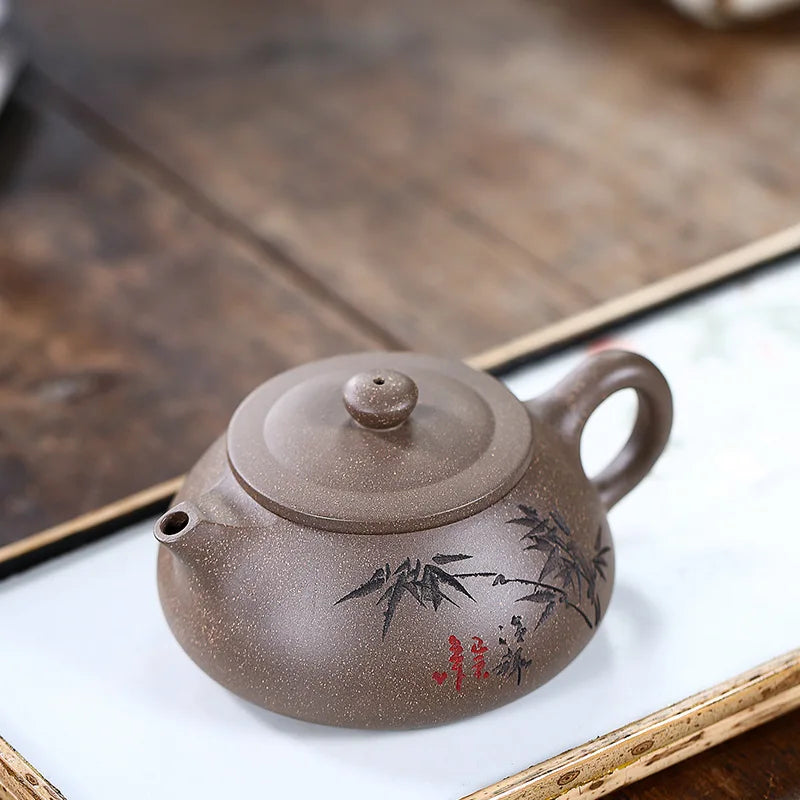 Handmade Zisha Teapot with Bamboo Shadow Flat Scoop, Kung-Fu Teaware, Purple Clay Drinkware for Puer Green and Black, Handmade P