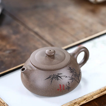 Handmade Zisha Teapot with Bamboo Shadow Flat Scoop, Kung-Fu Teaware, Purple Clay Drinkware for Puer Green and Black, Handmade P