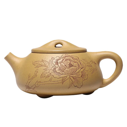 Handmade Zisha Teapot with Carved and Painted Jingzhou Stone Scoop Pot, Kung-Fu Teaware, Purple Clay Drinkware for Puer