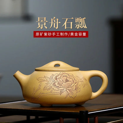 Handmade Zisha Teapot with Carved and Painted Jingzhou Stone Scoop Pot, Kung-Fu Teaware, Purple Clay Drinkware for Puer