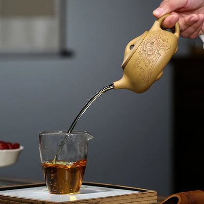 Handmade Zisha Teapot with Carved and Painted Jingzhou Stone Scoop Pot, Kung-Fu Teaware, Purple Clay Drinkware for Puer