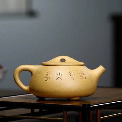 Handmade Zisha Teapot with Carved and Painted Jingzhou Stone Scoop Pot, Kung-Fu Teaware, Purple Clay Drinkware for Puer