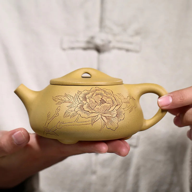Handmade Zisha Teapot with Carved and Painted Jingzhou Stone Scoop Pot, Kung-Fu Teaware, Purple Clay Drinkware for Puer
