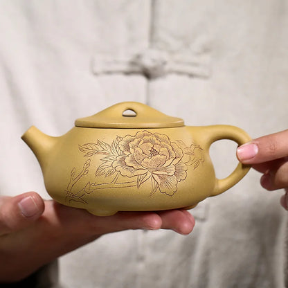 Handmade Zisha Teapot with Carved and Painted Jingzhou Stone Scoop Pot, Kung-Fu Teaware, Purple Clay Drinkware for Puer