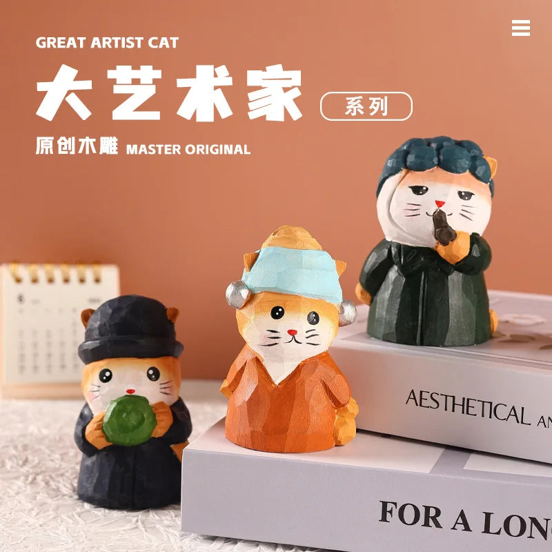 Handmade pearl earrings, cat wood carving ornaments, large artist series, wooden crafts, desktop decoration, creative gifts