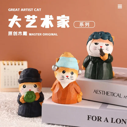 Handmade pearl earrings, cat wood carving ornaments, large artist series, wooden crafts, desktop decoration, creative gifts