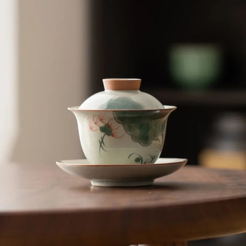 Handpainted Sancai Gaiwan Chinese Ceramic Tea Cups Home Decor Gongfu Tea Tureen Teaware Porcelain Tea Cup Set