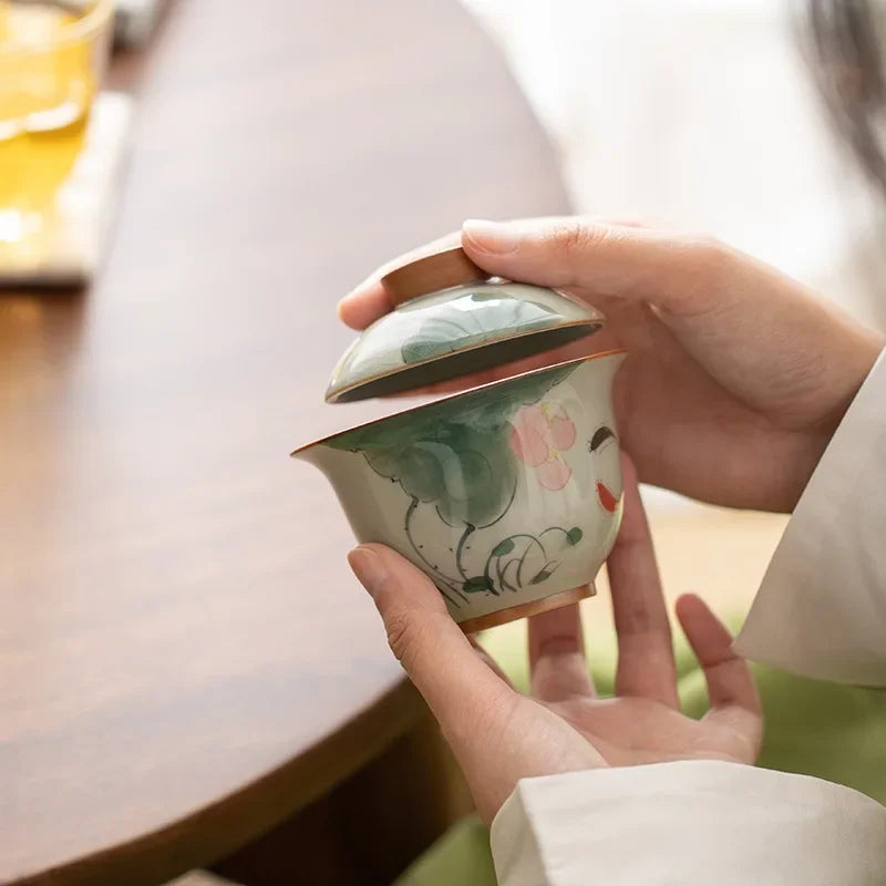 Handpainted Sancai Gaiwan Chinese Ceramic Tea Cups Home Decor Gongfu Tea Tureen Teaware Porcelain Tea Cup Set