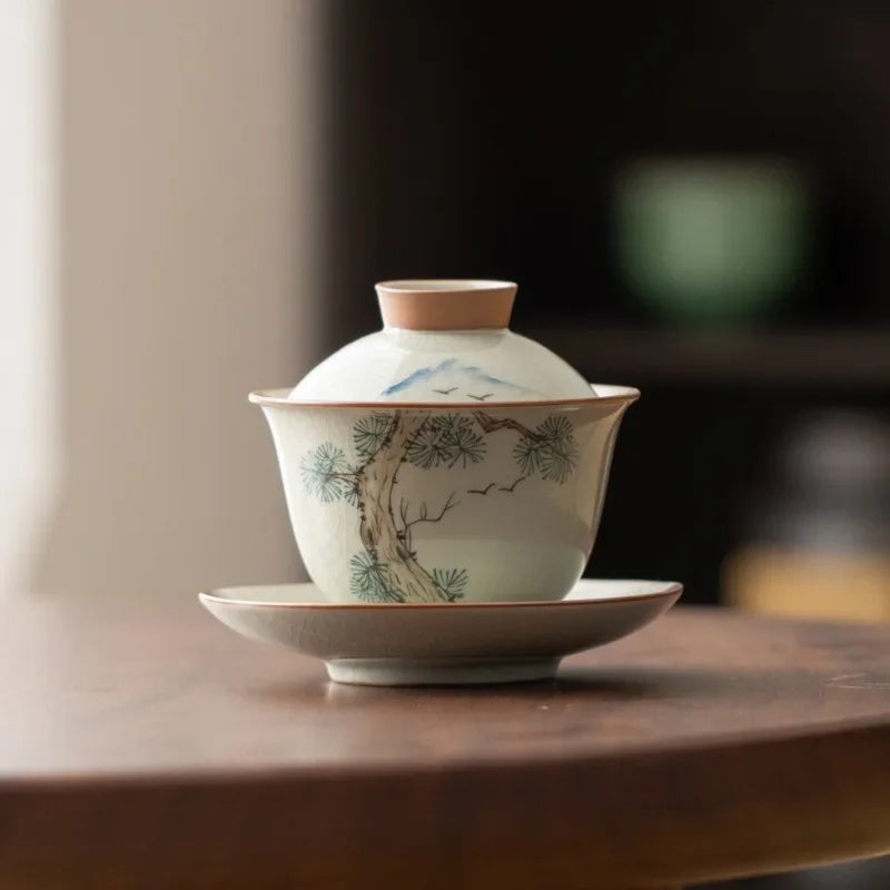 Handpainted Sancai Gaiwan Chinese Ceramic Tea Cups Home Decor Gongfu Tea Tureen Teaware Porcelain Tea Cup Set