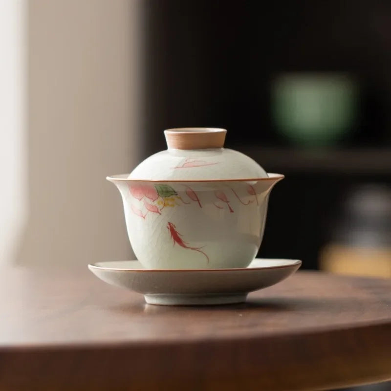 Handpainted Sancai Gaiwan Chinese Ceramic Tea Cups Home Decor Gongfu Tea Tureen Teaware Porcelain Tea Cup Set