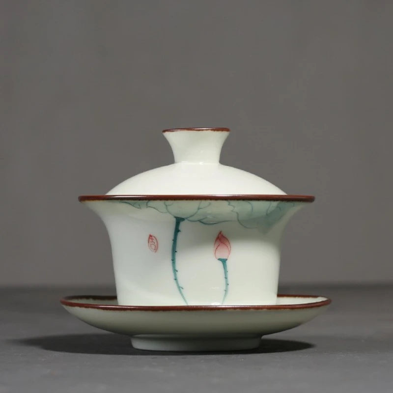 Handpainted Tea Tureen Ceramic Celadon Gaiwan Sancai Chinese Gongfu Teaware Teacups Set Porcelain Tea Bowl Cup