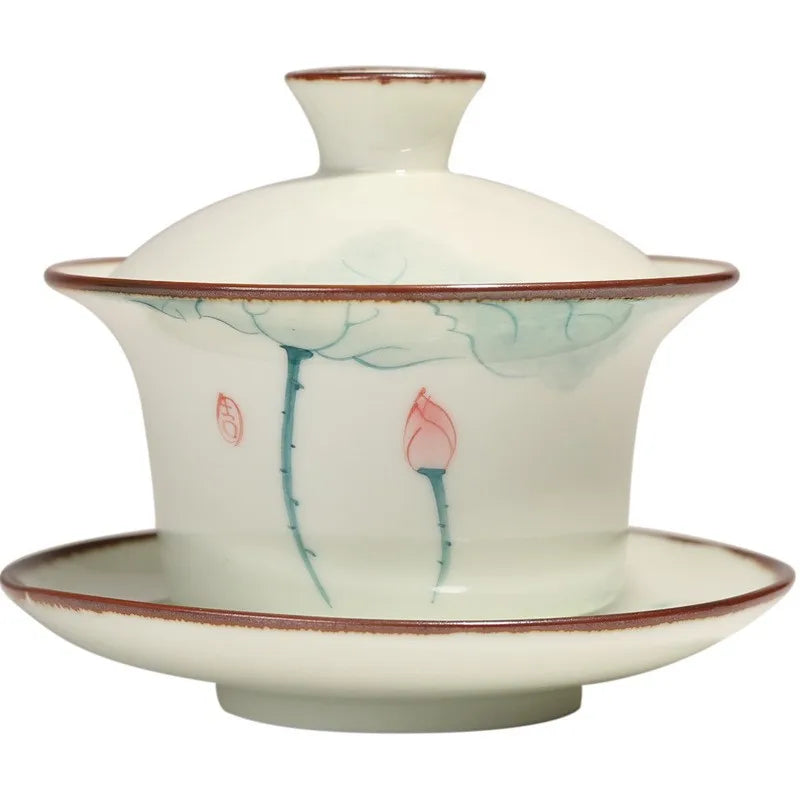 Handpainted Tea Tureen Ceramic Celadon Gaiwan Sancai Chinese Gongfu Teaware Teacups Set Porcelain Tea Bowl Cup
