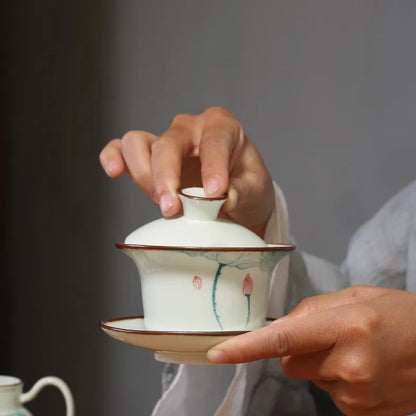 Handpainted Tea Tureen Ceramic Celadon Gaiwan Sancai Chinese Gongfu Teaware Teacups Set Porcelain Tea Bowl Cup