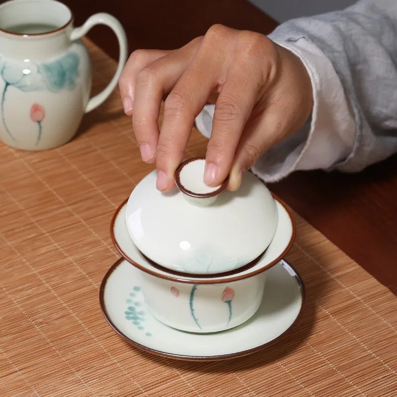 Handpainted Tea Tureen Ceramic Celadon Gaiwan Sancai Chinese Gongfu Teaware Teacups Set Porcelain Tea Bowl Cup