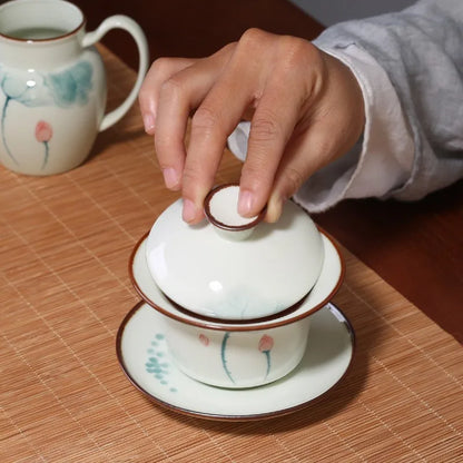 Handpainted Tea Tureen Ceramic Celadon Gaiwan Sancai Chinese Gongfu Teaware Teacups Set Porcelain Tea Bowl Cup