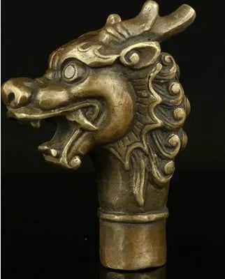 Handwork Carving Bronze Fierce Dragon Statue Cane Walking Stick Amulet