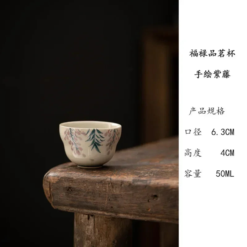 Handwritten Qinghuan Underglaze Color Household Personal Tea Cup Ceramic Kung Fu Set Gray Hand-painted Wisteria Flower Teaware