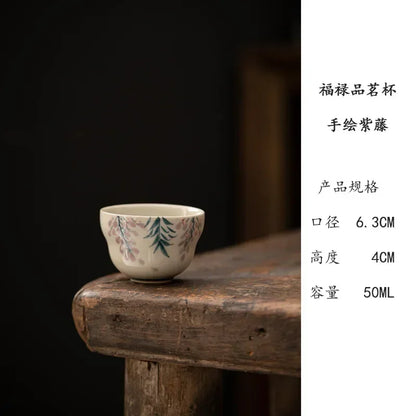 Handwritten Qinghuan Underglaze Color Household Personal Tea Cup Ceramic Kung Fu Set Gray Hand-painted Wisteria Flower Teaware
