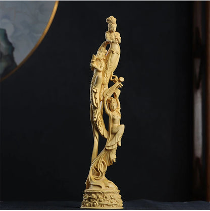 Boxwood 39cm Dunhuang Flying Fairy Sculpture Solid Wood Beauty Statue Living Room Home Decor