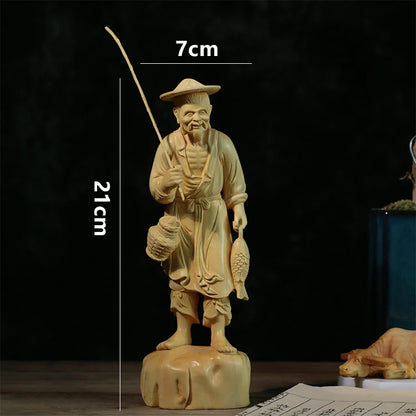 Boxwood 21cm Fisherman Sculpture Fishing Elder Wood Statue Lucky Carving Home Decor