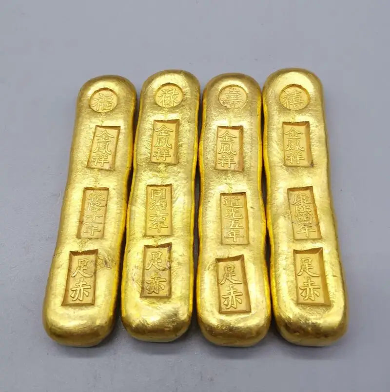 China brass Fu Lu Shou xi Imitate Gold bars crafts statue A set
