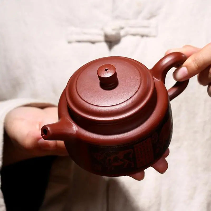 Dahongpao Carved And Painted Five Niu De Bell Pot Zisha Teapot Yixing Handmade Pot Kung-fu Teaware  Purple Clay Drinkware