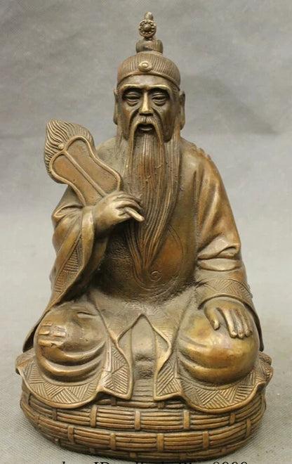 JP S0610 10" Chinese Bronze Copper Taoism High Lord Laojun Taoist Fan Buddha Joss Statue