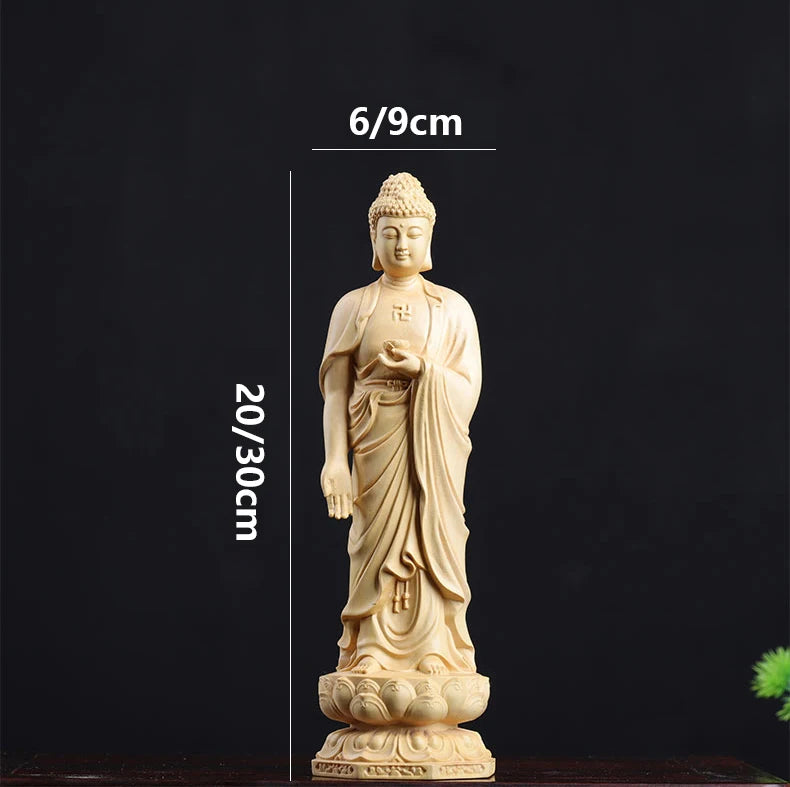 Boxwood 20/30cm West Three Buddha Sculpture Wood Sakyamuni Guanyin Statue Worship Home Decor