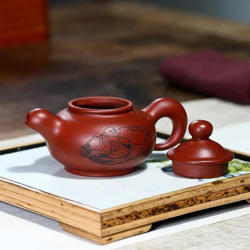 Dahongpao Carved and Painted Taohong Teapot, Zisha Teapot, Yixing Handmade Pot, Kung-Fu Teaware, Purple Clay Drinkware for Puer