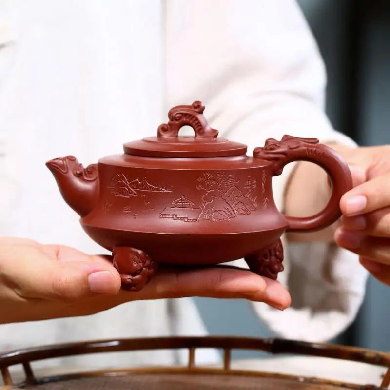 Dahongpao Kung Fu Handmade Teapot, Kung-Fu Teaware, Purple Clay Drinkware for Puer, Three-Legged Dragon Pot, Yixing, Raw Ore