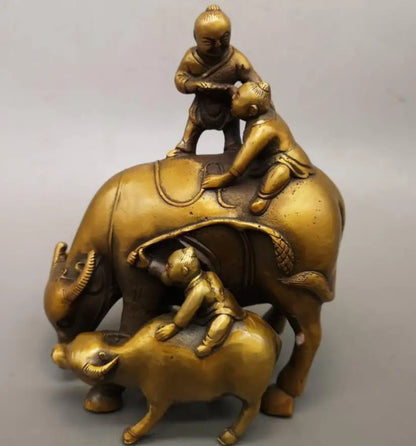 China brass shepherd boy Riding cow crafts statue