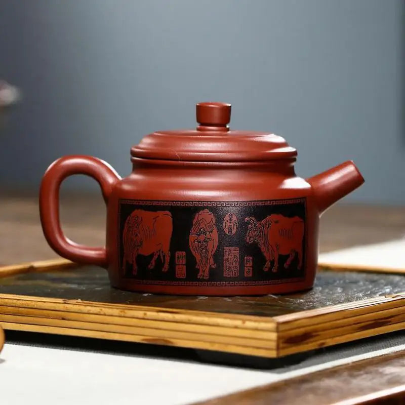 Dahongpao Carved And Painted Five Niu De Bell Pot Zisha Teapot Yixing Handmade Pot Kung-fu Teaware  Purple Clay Drinkware