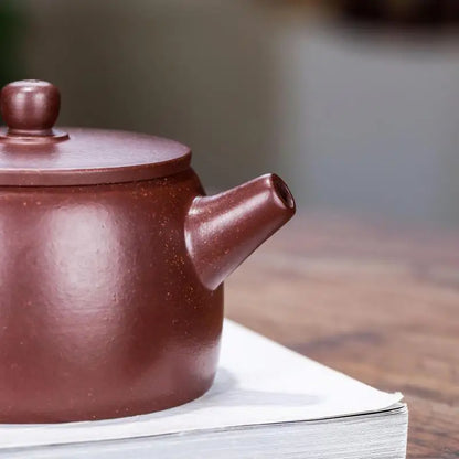 Zisha Teapot with Small Flat Lid, Handmade Pot, Kung-Fu Teaware, Purple Clay Drinkware for Puer Green and Black, Vermilion