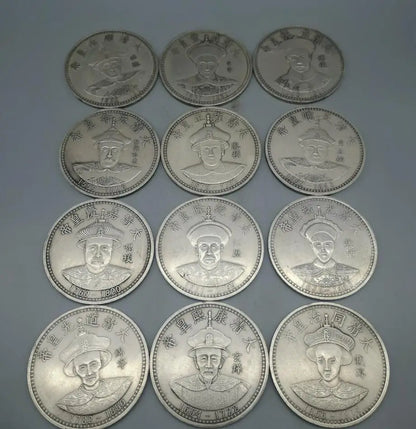 China White copper archaize The twelve emperors Commemorative coins crafts statue A set