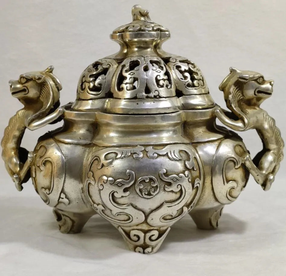 China White copper double ear dragon incense burner crafts statue