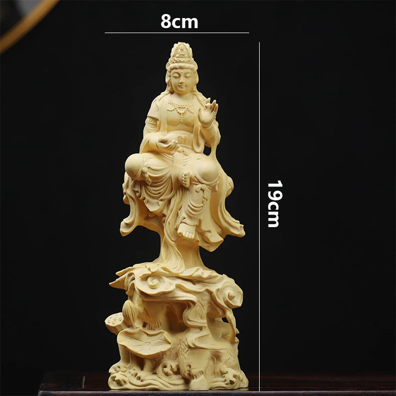 Boxwood 19cm Guanyin Sculpture Buddha Wood Guan Yin Statue Feng Shui Worship Buda Home Decor