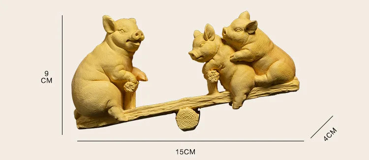 Boxwood 15cm Piggy Sculpture Lucky Wood Animal Statue Three Pigs Playing on Seesaw Home Decor