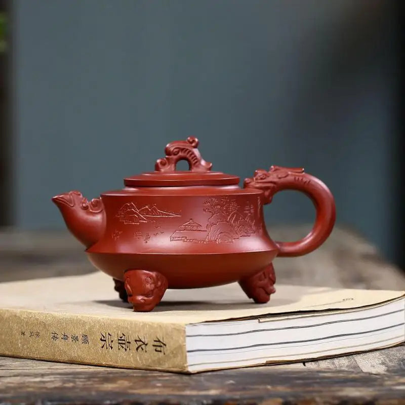 Dahongpao Kung Fu Handmade Teapot, Kung-Fu Teaware, Purple Clay Drinkware for Puer, Three-Legged Dragon Pot, Yixing, Raw Ore