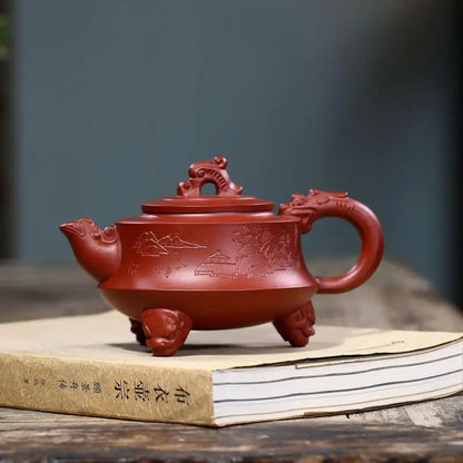Dahongpao Kung Fu Handmade Teapot, Kung-Fu Teaware, Purple Clay Drinkware for Puer, Three-Legged Dragon Pot, Yixing, Raw Ore