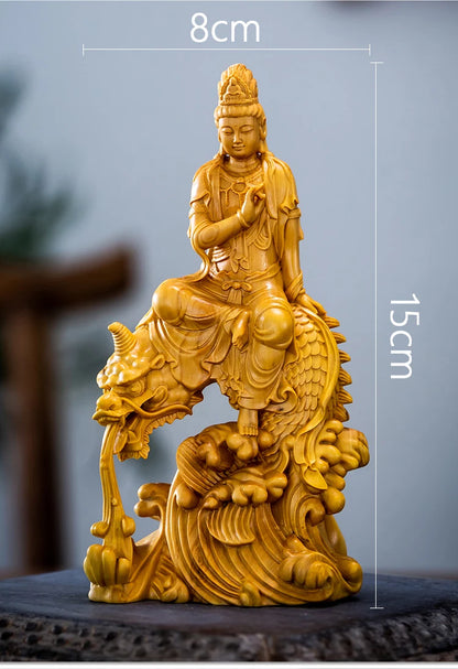 Boxwood 15cm Guan Yin Sculpture Wood Buddha Statue Dragon Guanyin Bodhisattva Prayer Feng Shui Home Decor