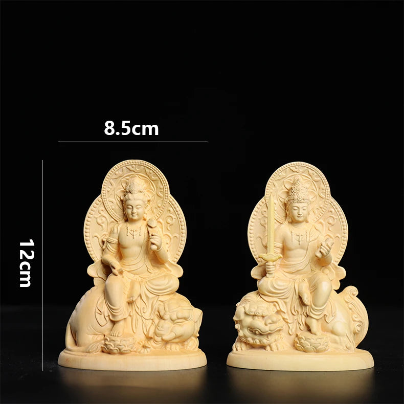 Boxwood 12cm Manjushri and Samantabhadra Bodhisattva Figure Sculpture Buddha Wood Statue Riding Elephant Lion Home Decor