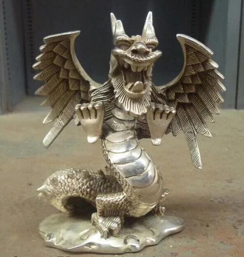 Lucky China Chinese Fengshui Silver Home Fly Dragon Statue Figure