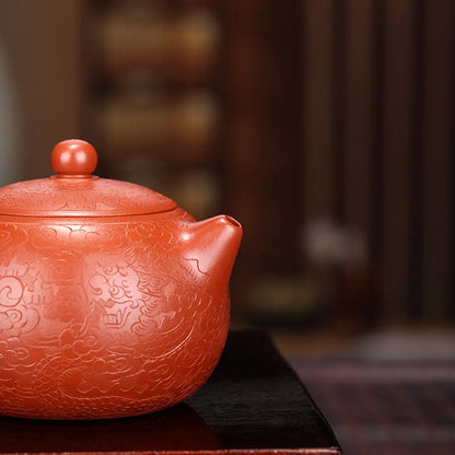 Dahongpao Carved and Painted Dragon Xishi Teapot, Zisha Teapot, Yixing Handmade Pot, Kung-Fu Teaware, Purple Clay Drinkware