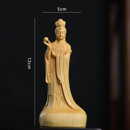 Boxwood 12cm Mazu Sculpture Wood Carving Sea Goddess Statue Figure Buddha Worship Feng Shui Ma Zu Home Decor