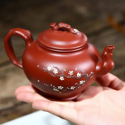 Dahongpao-Hand-carved Mud-painted Plum Blossom Primula Pot Zisha Teapot, Handmade Kung-Fu Teapot, Purple Clay Drinkware