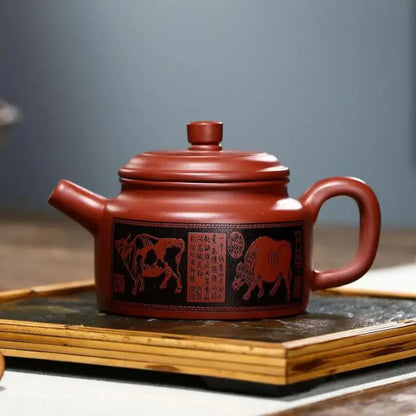 Carved Five Cow  Bell Zisha Teapot, Yixing Handmade Pot, Kung-Fu Teaware, Purple Clay, Drinkware for Puer,Christmas Gift