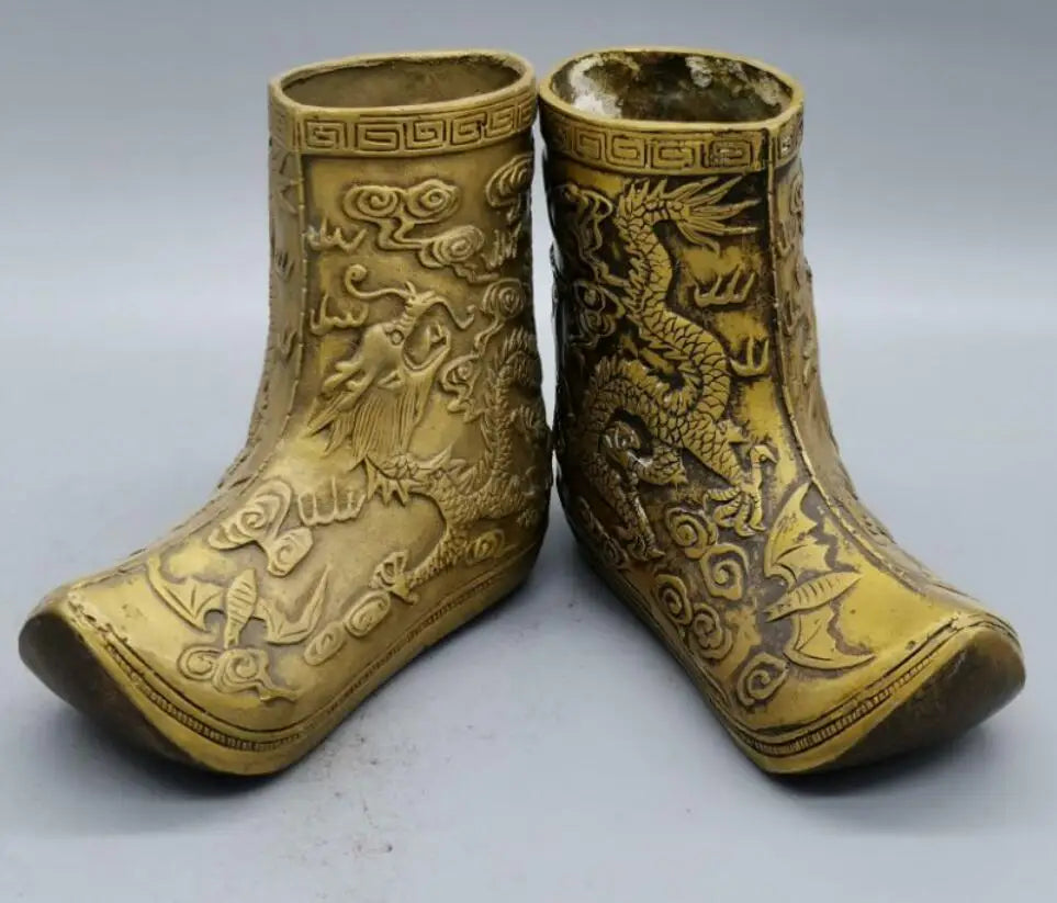 China brass Carving dragon boots crafts statue A pair
