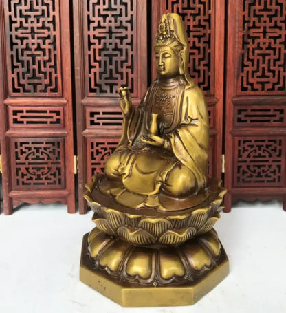 China brass lotus Guanyin bodhisattva Buddha crafts statue