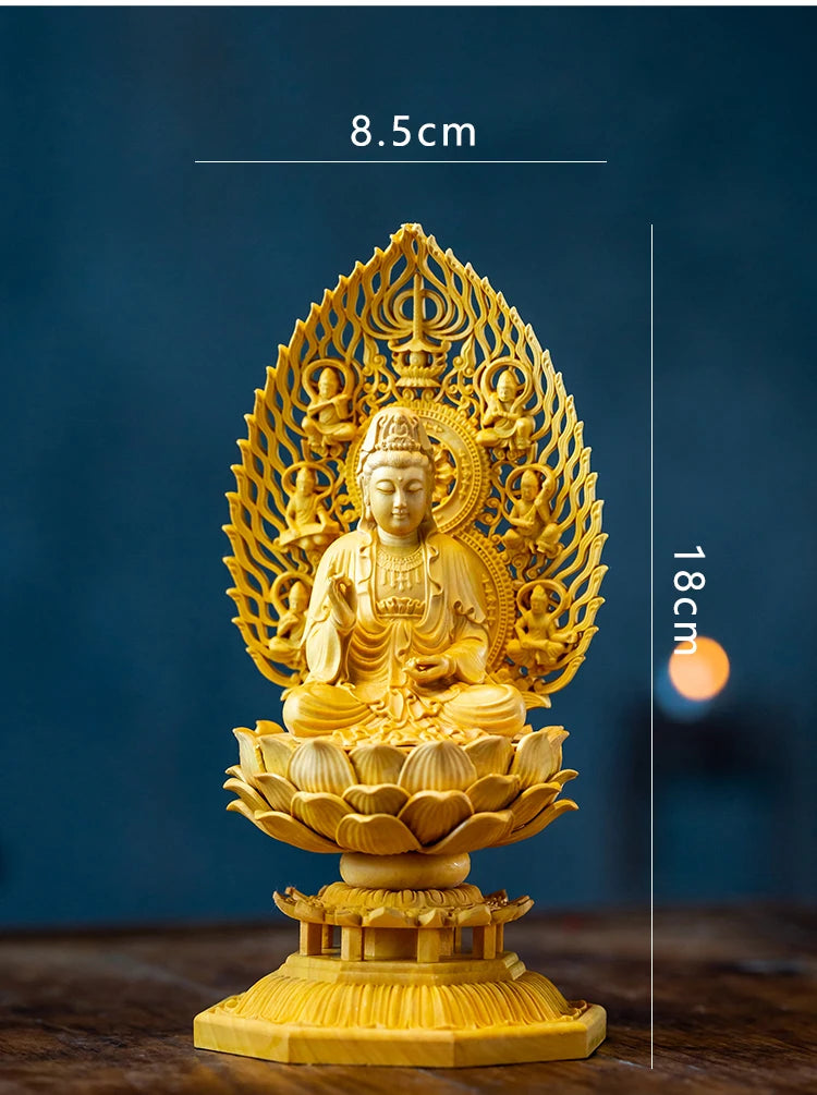 Boxwood 18cm Guanyin Sculpture Solid Wood Carving Small Buddha Statue Feng Shui Buda Guan Yin Home Decor