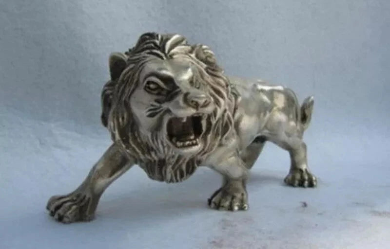 Estatua de León para hombre, animal felino de cobre blanco plateado, refinado, folclórico, China